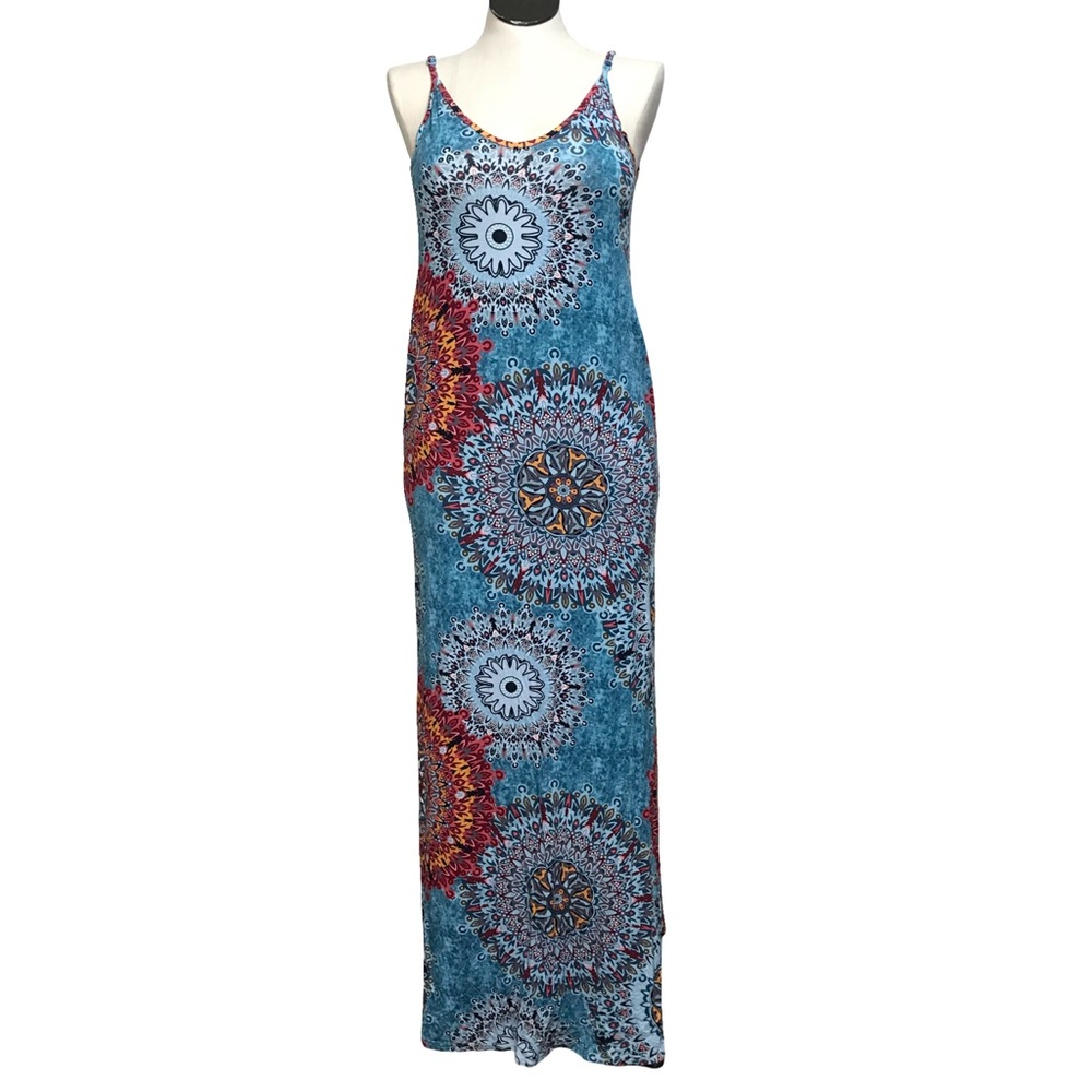 Sleeveless Maxi Dress Women’s Sz M Blue Multicolor Mandalas V- Neck Pockets Side
